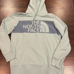 The North Face Women's Light Blue Pullover Hoodie with Blue Logo Panel
